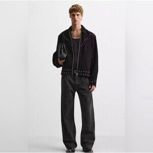 Zara Men's Black 100% Cowhide Leather Punk Biker Studded Jacket Size S